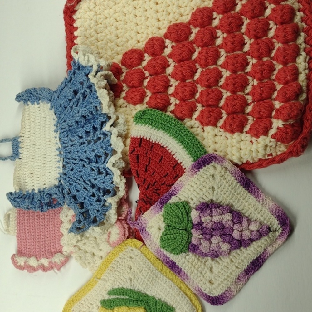 Vintage Pot Holder Hot Pad Lot Grape Corn Christmas Little Dresses Watermelon